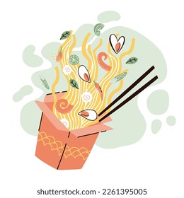 noodles with mussels and squid. hand drawn vector illustration in flat style
