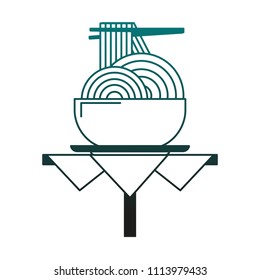 Noodles on bowl with chopsticks in blue lines