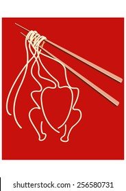 Noodles on chopsticks forming a shape of DRESSED CHICKEN 