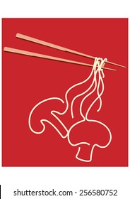 Noodles on chopsticks forming a shape of MUSHROOM