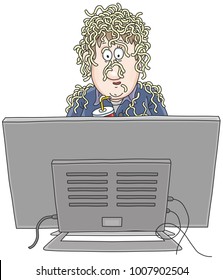 Noodles on ears of a TV viewer watching a program with fake news, a vector illustration in funny cartoon style