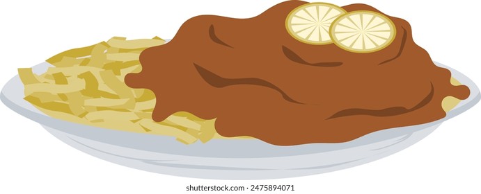 Noodles and pasta plate with gravy paste and lemon slice. 