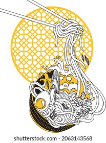 noodles in a plate with egg and onion on the background of a Chinese ornament