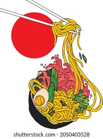noodles in a plate with egg and onion white background