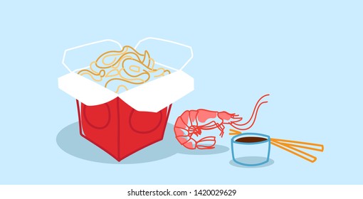 noodles ramen opened takeout box with soy sauce and shrimp asian traditional food concept hand drawn sketch doodle style horizontal