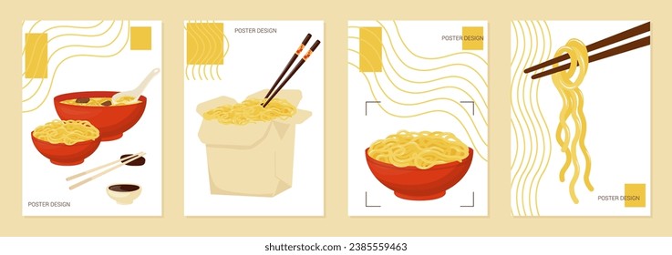 fideos en un tazón rojo. Diseño de afiches de comida asiática. Conjunto de ilustraciones vectoriales. Tipografía.  Etiquetas, cubierta, estampado de camisetas, pintura.
