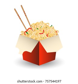 Noodles in the red box, delivery of noodles, fast food. Vector illustration.