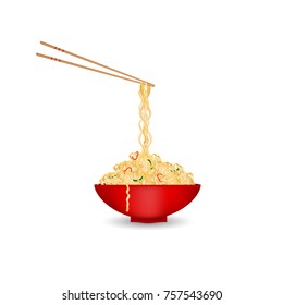 Noodles in the red soup plate. Vector illustration.