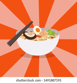 Noodles restaurant with white bowl vector .Ramen Japanese noodle soups with shiny background.Red bowl of noodles soup with chopstick
