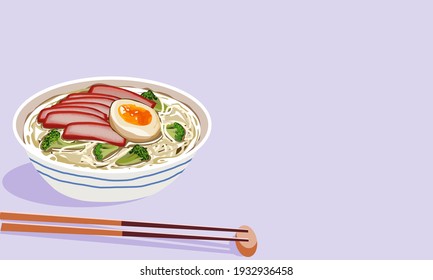 Noodles, roasted red pork, egg and vegetables with soup in a bowl on light background. Isolated close up asian food drawing vector illustration. 
