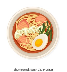 Noodles With Salmon and Boiled Eggs Served on Plate