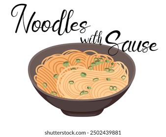 Noodles with sauce in a bowl with handwritten label. Meal with chopped green onion. Suitable for Asian restaurant ads, food blogs, and culinary promotions. Vector illustration isolated on white.