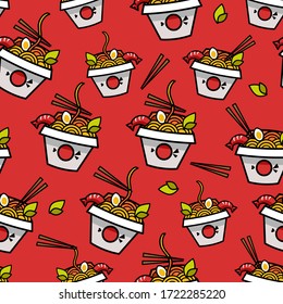 Noodles Seamless Pattern Asian Food On Red Background. Vector Illustration, Flat, Line Art Style, Creative Design