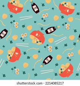 Noodles seamless pattern Asian food on green background. Vector illustration, flat, creative design