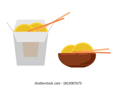 Noodles set Asian сuisine. Chinese noodles takeout and bowl of noodles.
