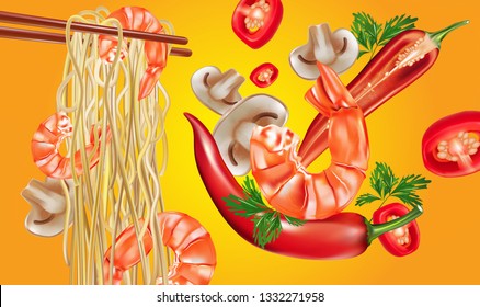 Noodles with shrimp and chili pepper, mushroom ads. Realistic vector 3D illustration, Of free space for your texts and branding. 