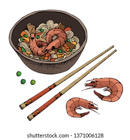 Noodles with shrimp. Hand drawn asian food illustration. Chopsticks. Great for banner, poster, menu decor.