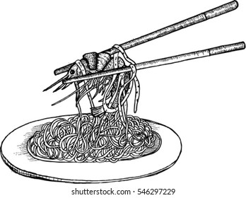 noodles, shrimp, sketch