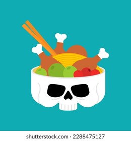 Noodles in skull. Skeleton head plate isolated. Ramen in Skull