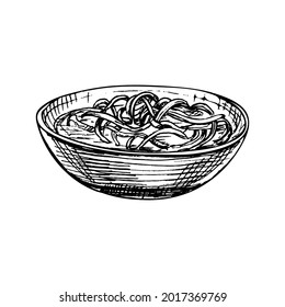 Noodles soup in plate. Vintage vector hatching black hand drawn illustration isolated on white background