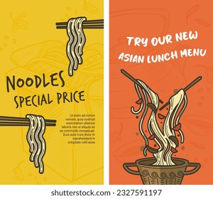Noodles special price, try our new Asian menu. Tasty dishes and freshly cooked products. Bowl with chopsticks and veggies. Promotional banner, advertisement or marketing. Vector in flat style