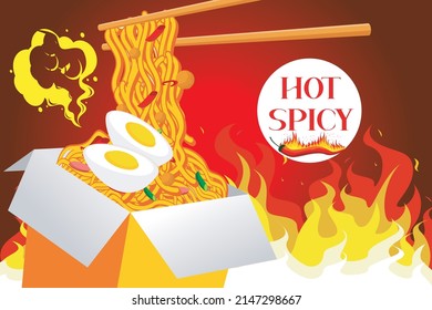 Noodles. Spicy flavored noodles in a lunch box. Spicy noodles with egg and fire on the background