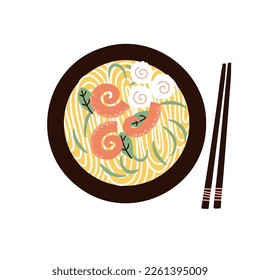 noodles with squid. hand drawn vector illustration in flat style