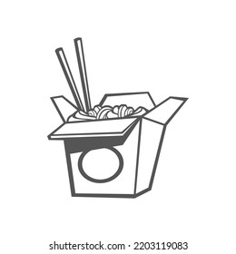 Noodles And Sticks In Box Isolated Chinese Food. Vector Udon Stir Fry Noodles With Chicken And Pair Of Chopsticks. Open Takeout Box With Street Food, Takeaway Fast Food Snack In Black And White