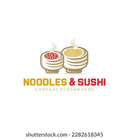 Noodles and sushi logo design with salmon sushi japanese food cafe