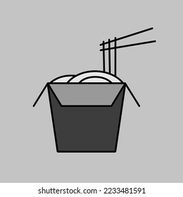 Noodles in thin line box with chopsticks vector grayscale icon. Fast food sign. Graph symbol for cooking web site and apps design, logo, app, UI