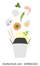 Noodles with traditional Ingredients in a wok box. Asian food. Restaurant, cafe design element for menu. Vector Illustration in doodle flat style.