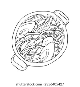 Noodles with vegetables and eggs, Hawaiian cuisine. hand drawn top view illustration.