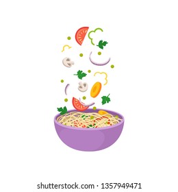 Noodles with vegetables in purple bowl on white background.