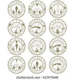 Noodling grunge labels set . Catching catfish with hand vintage emblems 