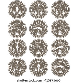 Noodling grunge labels set . Catching catfish with hand vintage emblems 