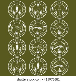 Noodling labels set . Catching catfish with hand vintage emblems 