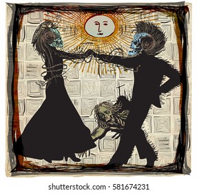 Noon dancers, voodoo night - an hand drawn vector. Freehand sketching. Two skeletons, lovers and an undead, zombie. 