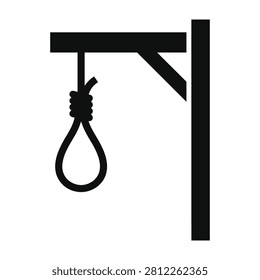 A noose hangs from a simple gallows structure against a white background symbolizing execution or suicide method