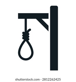 A noose hangs from a simple gallows structure on a white background, evoking somber moods and serious themes