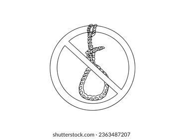 Noose inside the sign is prohibited. Abolition of the death penalty. World Day Against the Death Penalty. One line drawing for different uses. Vector illustration.