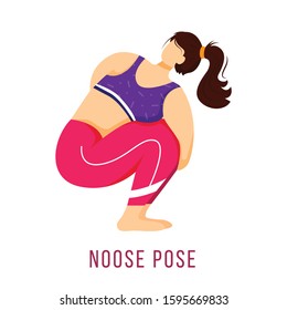 Noose pose flat vector illustration. Pasasana. Caucausian woman performing yoga posture in pink and purple sportswear. Workout. Physical exercise. Isolated cartoon character on white background