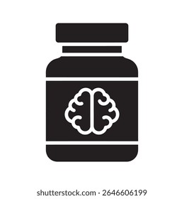 Nootropic supplement bottle glyph icon with brain symbol for cognitive enhancement memory booster and smart drug vector design vector solid glyph icon