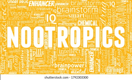 Nootropics brain enhancing drugs word cloud on a orange/yellow background