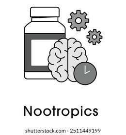 Design Nootropics Ícone. Representando Melhoramento Cognitivo, Saúde Cerebral, Clareza Mental.