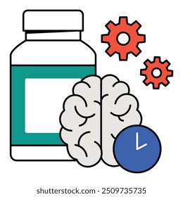 Diseño de iconos nootrópicos. Representa Mejora Cognitiva, Función Cerebral, Enfoque, Memoria. Icono de Vector con trazos y Colores editables.