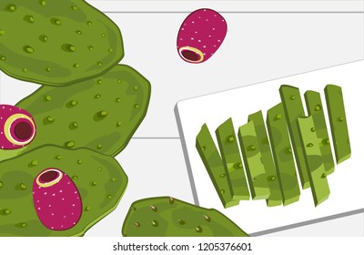 Nopal cactus paddle and fruits, peeled and cut. National Mexican cuisine food ingredient.