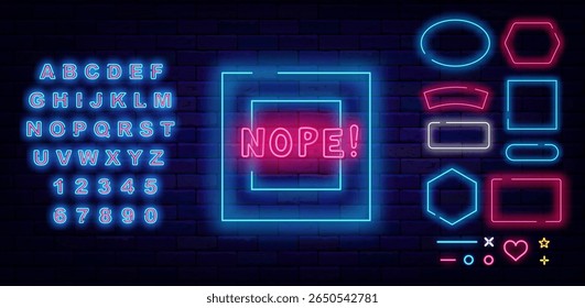 Nope neon emblem. Denial and fail. Online chat. Glowing label. Shiny blue alphabet. Vector stock illustration