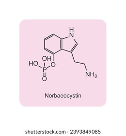 Norbaeocystin molecular structure, skeletal formula diagram on pink background. Scientific EPS10 vector illustration.
