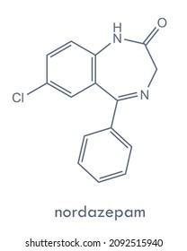 Nordazepam structure. Benzodiazepine drug molecule used to treat anxiety. Skeletal formula.