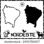 Nordeste, Northeastern Brazilian region in silhouette. Woodcut style.